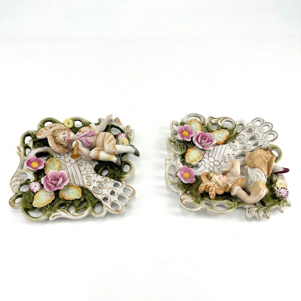 Vintage Victorian Cottagecore Shabby Chic Porcelain Floral Wall Decor Pair - Picture 4 of 8